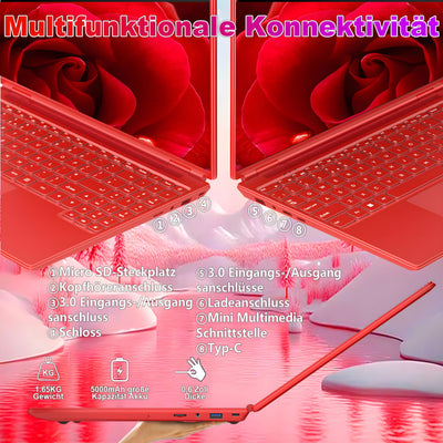 2025 Gaming Laptop 16 Zoll Win11 12+512GB SSD Unterstützung 2TB(HDD-2TB) 1920x1200 Notebook 4-Core Celeron N5095 (bis 2.9GHz) Laptop mit Nummerntastatur WiFi Mini HDMI Deutscher Tastaturschutz-Rot