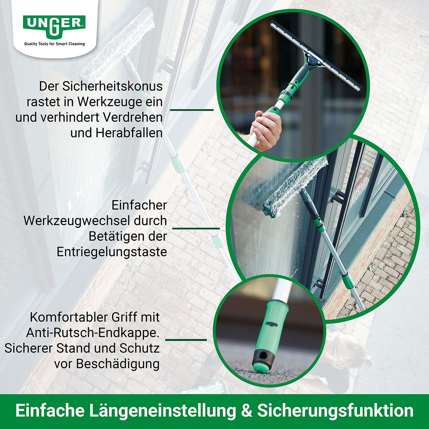 UNGER OptiLoc Teleskopstange 4,50 cm (kompatibel mit UNGER Fensterreinigungswerkzeugen, ergonomischer Griff, Anti-Rutsch-Endkappe, 2-Komponenten Drehverschluss) ED450
