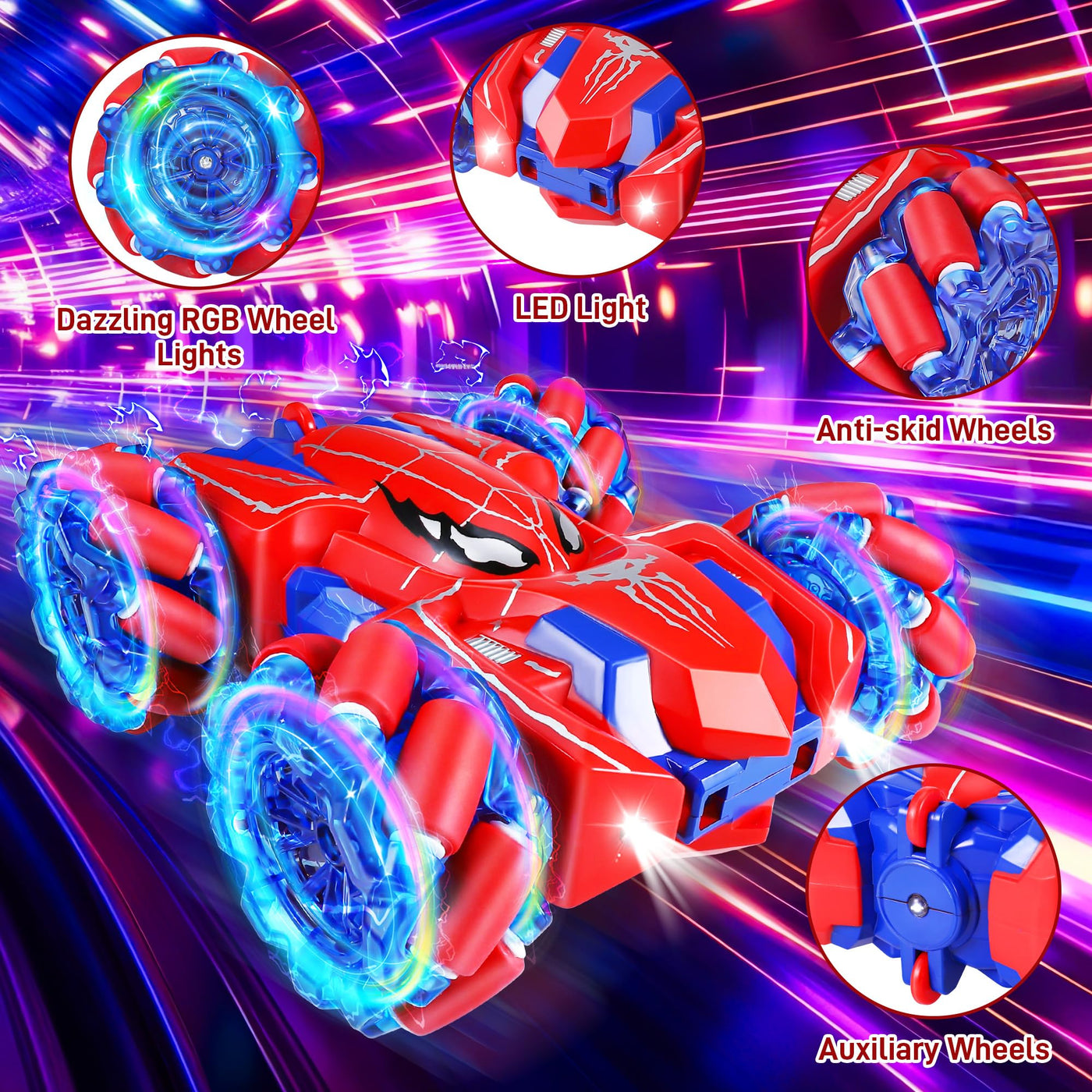 Kssvzz Spider Ferngesteuertes Auto ab 3-10 Jahre, 2.4GHz Doppelseitig RC Auto mit USB-C Wiederaufladbarer Akku/360°-Drehung/Kühles Licht, 4WD RC Car Spielzeug ab 3 4 5 6 7 8 9 Jahre Junge