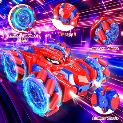 Kssvzz Spider Ferngesteuertes Auto ab 3-10 Jahre, 2.4GHz Doppelseitig RC Auto mit USB-C Wiederaufladbarer Akku/360°-Drehung/Kühles Licht, 4WD RC Car Spielzeug ab 3 4 5 6 7 8 9 Jahre Junge