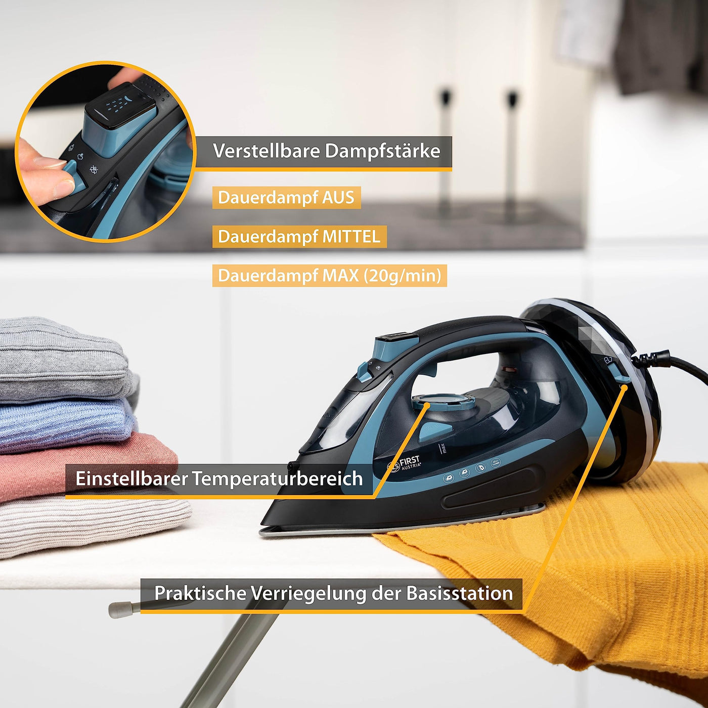 TZS First Austria Dampfbügeleisen kabellos mit Basisstation | verstellbare Temperatur & Dampfstärke | Keramik Bügelsohle, Vertikaldampf, Tropfstop, Antikalk, selbstreinigend | 450 ml Wassertank