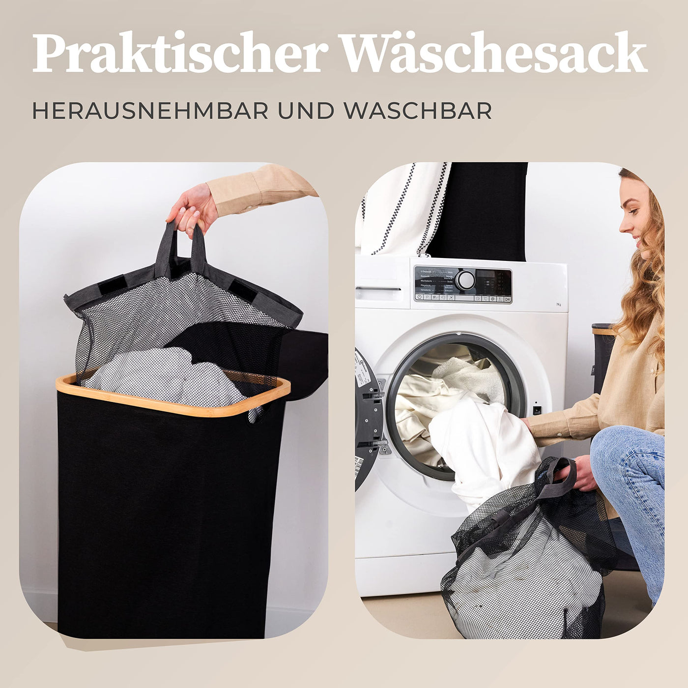 HENNEZ Wäschekorb mit Deckel – Wäschekorb mit Griff aus Bambus – Wäschekorb, faltbar, 100 l – Wäschekorb für Waschküche, Wäschekorb, Schwarz