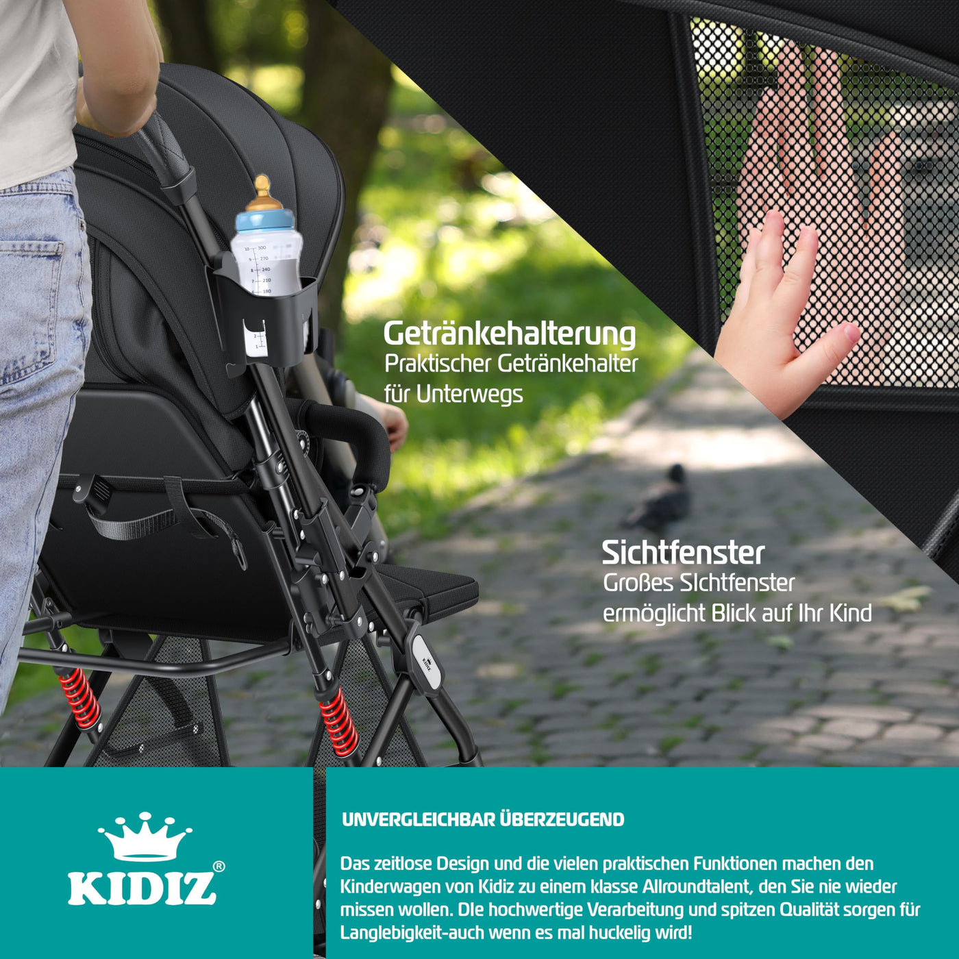 KIDIZ® Kinderwagen Kinderbuggy klappbar Liegebuggy Sportwagen Faltbar 360° Räder 5-Punkt Gurt Inkl. Fußsack, Getränkehalter, Regenabdeckung & Moskitonetz verstellbare Rückenlehne & Sonnenverdeck