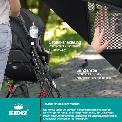 KIDIZ® Kinderwagen Kinderbuggy klappbar Liegebuggy Sportwagen Faltbar 360° Räder 5-Punkt Gurt Inkl. Fußsack, Getränkehalter, Regenabdeckung & Moskitonetz verstellbare Rückenlehne & Sonnenverdeck