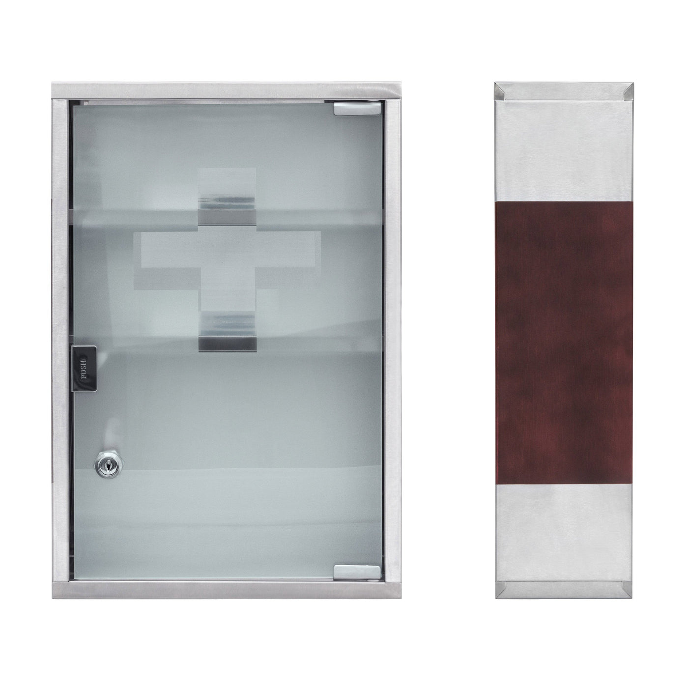 Relaxdays Medizinschrank EMERGENCY Edelstahl und Holz-Optik XL HBT: 45 x 30 x 12 cm mit 3 Fächern und Glas-Tür zum Abschließen inkl. 2 Schlüsseln für Erste Hilfe moderner Stil fürs Bad, silber / braun