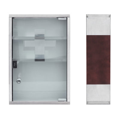 Relaxdays Medizinschrank EMERGENCY Edelstahl und Holz-Optik XL HBT: 45 x 30 x 12 cm mit 3 Fächern und Glas-Tür zum Abschließen inkl. 2 Schlüsseln für Erste Hilfe moderner Stil fürs Bad, silber / braun