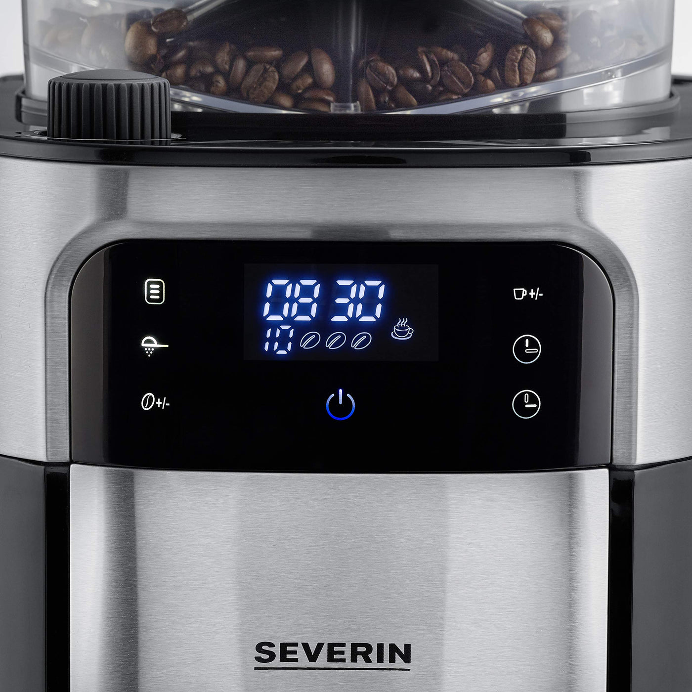 SEVERIN Kaffeemaschine mit Mahlwerk, Kaffeeautomat mit Glaskanne und Timer-Funktion, auch als Filterkaffeemaschine, für bis zu 10 Tassen Kaffee, 1000 Watt, schwarz/ Edelstahl, KA 4813