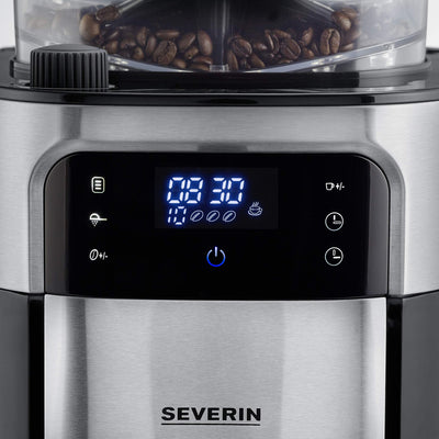 SEVERIN Kaffeemaschine mit Mahlwerk, Kaffeeautomat mit Glaskanne und Timer-Funktion, auch als Filterkaffeemaschine, für bis zu 10 Tassen Kaffee, 1000 Watt, schwarz/ Edelstahl, KA 4813