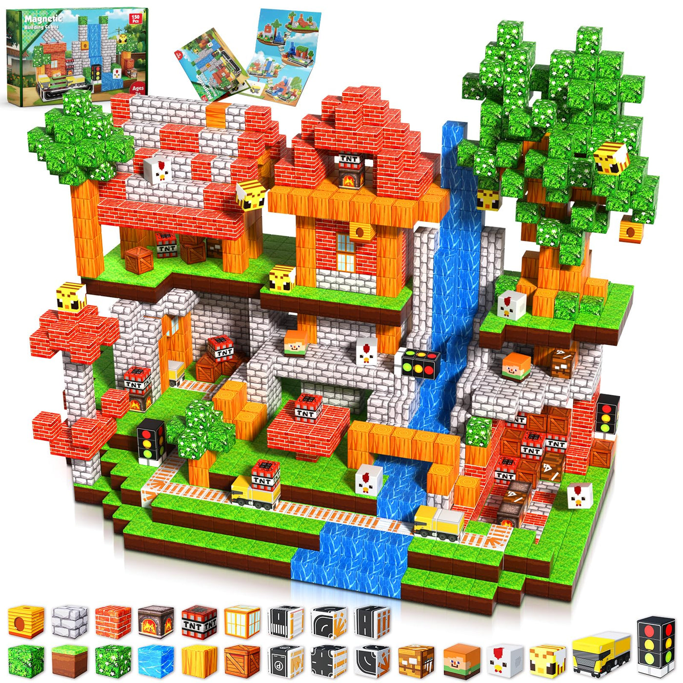 Annexfun Magnetische Bausteine 150pcs Magnetbausteine - Kücken Abenteuer Stadtleben mit Straße, Ampeln & Bienen | Lernspielzeug ab 4 Jahren | Kreatives Geschenk zu Weinachten