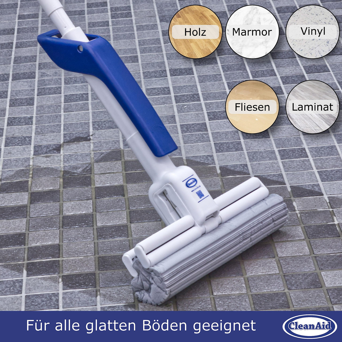 CleanAid OneTouch Magic Wischmopp Bodenwischer - saugstarker PVA Schwamm - Schwammwischmopp mit Auswringfunktion - Tierhaarentferner, optimal für alle glatten Oberflächen, Fliesen, Laminat, Holzboden