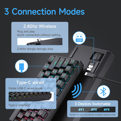 TMKB T63 Gaming Tastatur Mechanische Kabellos mit Red Switch,Bluetooth / 2.4G / Mit Kabel,RGB-Hintergrundbeleuchtung,Schwarz
