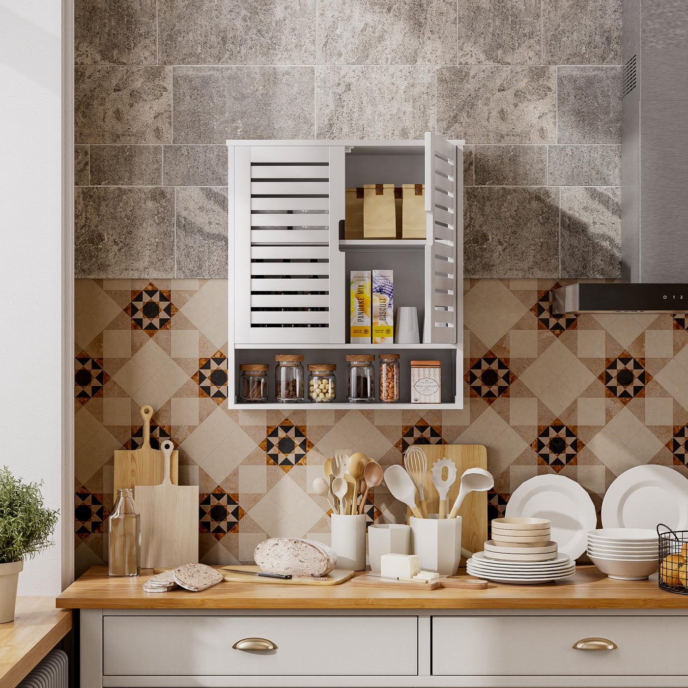 SMIBUY Badezimmerschrank Wandmontage, Bambus über der Toilette Lagerung Veranstalter, Platz sparende Medizin Schrank mit 2 Türen und verstellbaren Regalen (Weiß)