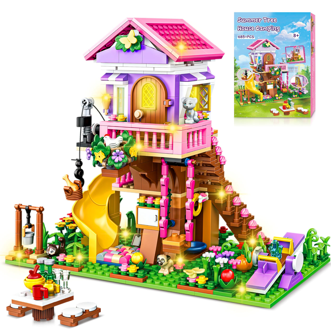 Charmofun Baumhaus Bausteine Set mit LED Licht, 685 Teile Klemmbausteine Haus, Technik Baumhaus mit Rutsche, Haus Bauspielzeug Geschenke für Kinder Mädchen Jungen ab 8 9 10 11 12+ Jahre