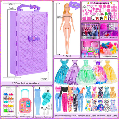 107pcs 11.5 Zoll Mädchen Puppe mit Kleidung Zubehör und Schrank, Gepäck, Schal mit Kleid, Prinzessin Kleider, Mode Kleider, Outfits, Schuhe... Puppe Dress Up Spielzeug für Mädchen (einschließen Puppe)
