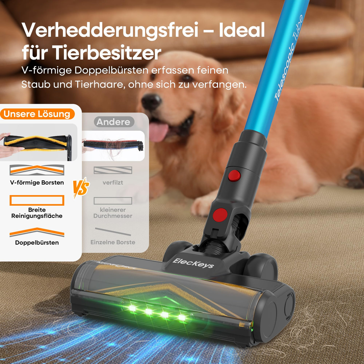 ElecKeys Akku Staubsauger 50000Pa/600W/70Min, Staubsauger Kabellos mit LED Display, 1,8L Akkustaubsauger mit Anti-Tangle-Bürste, Selbststehend für Tierhaare Teppiche Hartböden Auto, Blau, K10