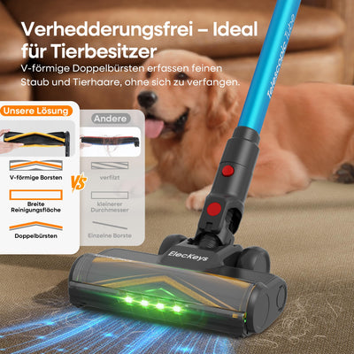 ElecKeys Akku Staubsauger 50000Pa/600W/70Min, Staubsauger Kabellos mit LED Display, 1,8L Akkustaubsauger mit Anti-Tangle-Bürste, Selbststehend für Tierhaare Teppiche Hartböden Auto, Blau, K10
