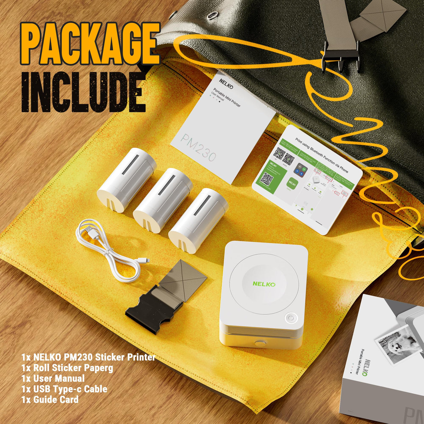 Nelko Mini Drucker PM230 Aufkleber Drucker Fotodrucker mit 3 Rollen Etiketten für Smartphone Thermodrucker Bluetooth Etikettendrucker für DIY Erstellung, Studiennotizen, (Weiß)