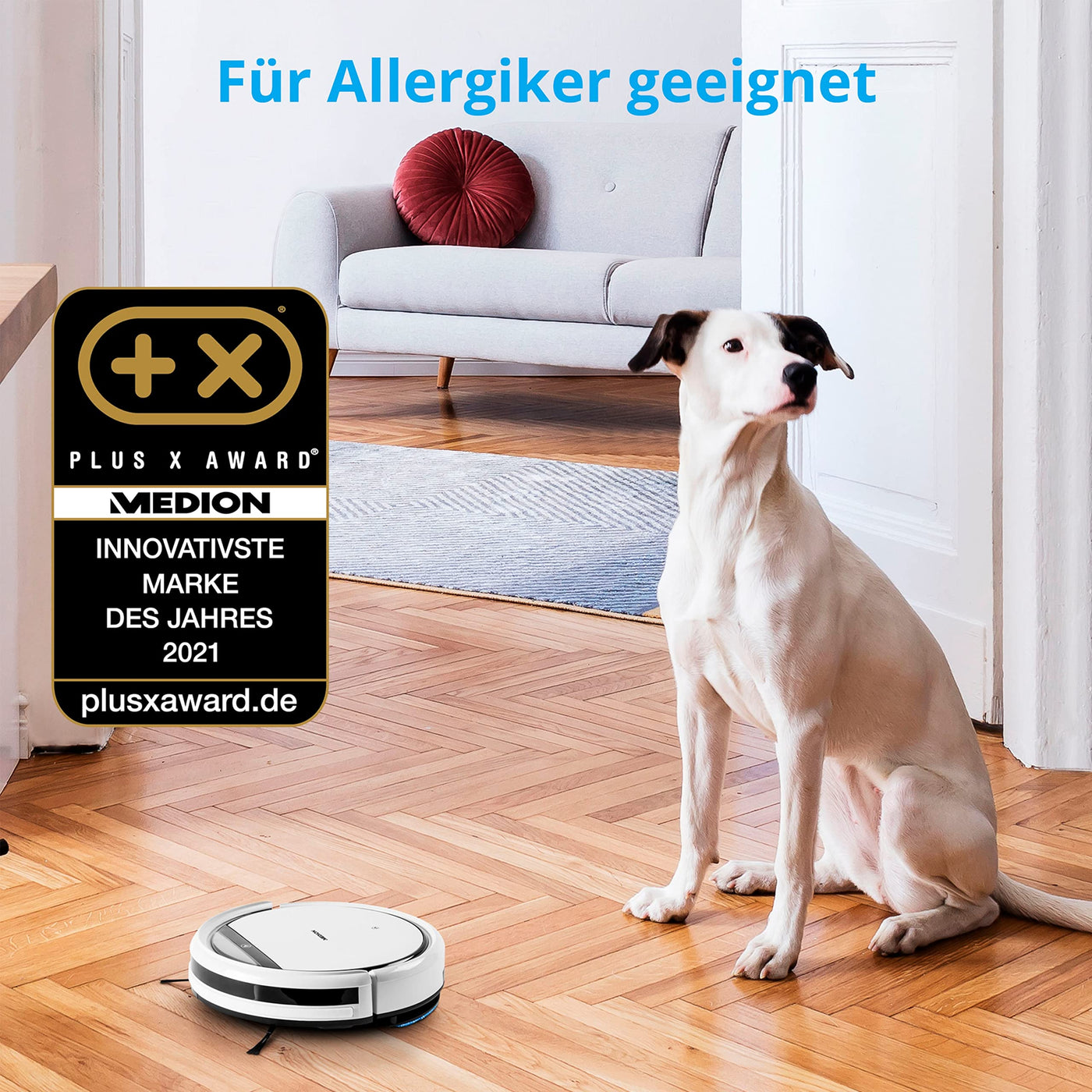 MEDION Saugroboter mit Wischfunktion E32 SW (2in1 Roboterstaubsauger für Böden Fliesen, Tierhaare Allergiker optimiert, Fernbedienung, Ladestation)