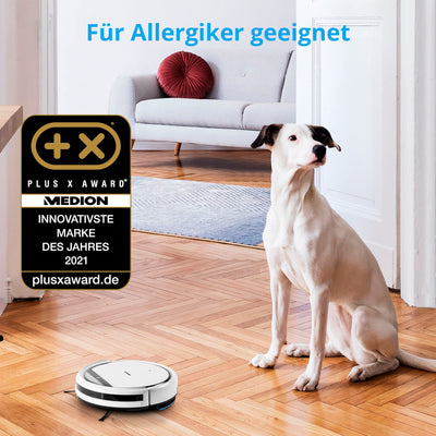 MEDION Saugroboter mit Wischfunktion E32 SW (2in1 Roboterstaubsauger für Böden Fliesen, Tierhaare Allergiker optimiert, Fernbedienung, Ladestation)