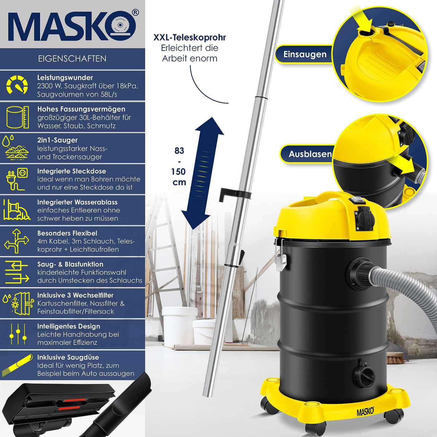 MASKO® 6IN1 Industriestaubsauger Staubsauger Nass Trocken Sauge Aschesauger 2300W + Steckdose✓ Blasfunktion ✓ Trocken-Saugen & Nass-Saugen | Industrie-Sauger mit & ohne Beutel | beutellos, Gelb