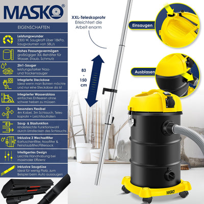 MASKO® 6IN1 Industriestaubsauger Staubsauger Nass Trocken Sauge Aschesauger 2300W + Steckdose✓ Blasfunktion ✓ Trocken-Saugen & Nass-Saugen | Industrie-Sauger mit & ohne Beutel | beutellos, Gelb