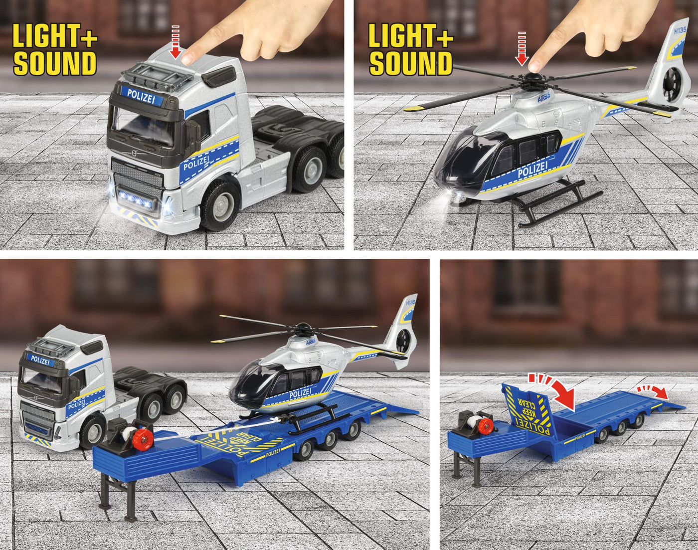 Majorette - Volvo Polizei-Transporter FH-16 (35 cm) – LKW mit Auflieger und Airbus Hubschrauber (25,5 Licht & Sound vielen Funktionen - Spielzeug-Set für Kinder ab 3 Jahren, 213716000, Einheitsgröße