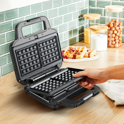 Tefal Ultracompact 3-in-1 Sandwich-Waffel-Panini Kombigerät, Antihaftbeschichtung, wärmeisolierter Griff, Edelstahl/Schwarz, SW383D10