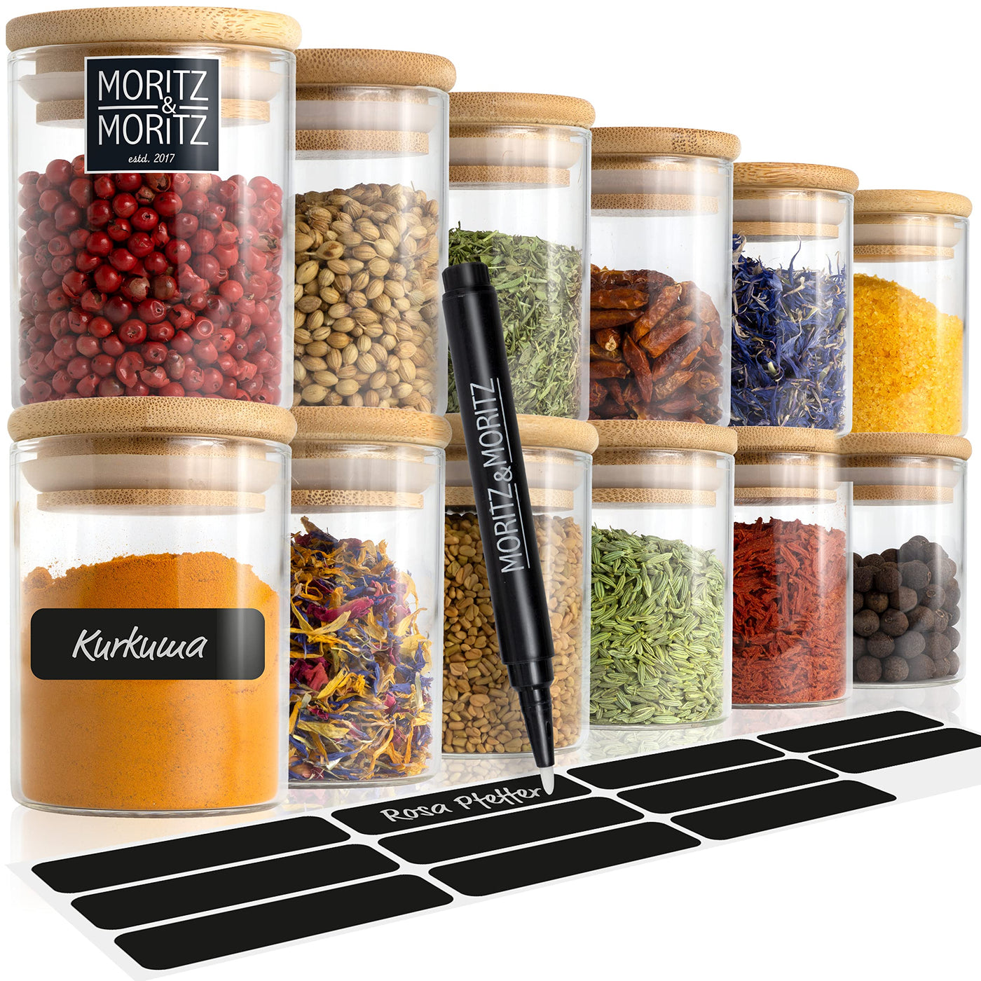Moritz & Moritz 12 Gewürzgläser Set je 125ml - Gewürzdosen Glas inkl. Tafelsticker & Kreidestift – Luftdichte Gewürzgläser mit Bambusdeckel für Gewürze, Kräuter & Tee