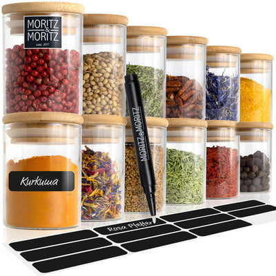 Moritz & Moritz 12 Gewürzgläser Set je 125ml - Gewürzdosen Glas inkl. Tafelsticker & Kreidestift – Luftdichte Gewürzgläser mit Bambusdeckel für Gewürze, Kräuter & Tee