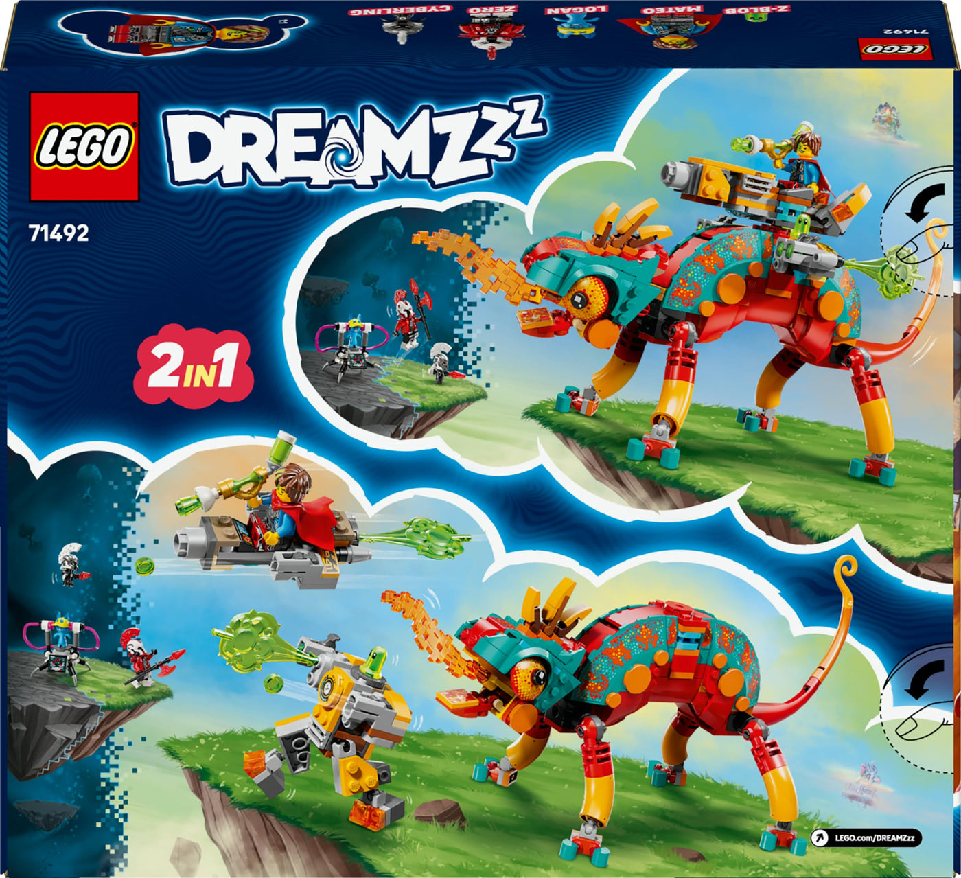 LEGO DREAMZzz 2-in-1 Mateos Feuer-Chamäleon - Fantasy-Tierfigur umbaubar in Spielzeug-Jet & Mech - Set für Jungen & Mädchen ab 7 Jahren inkl. 2 Minifiguren - Geschenkidee - 71492
