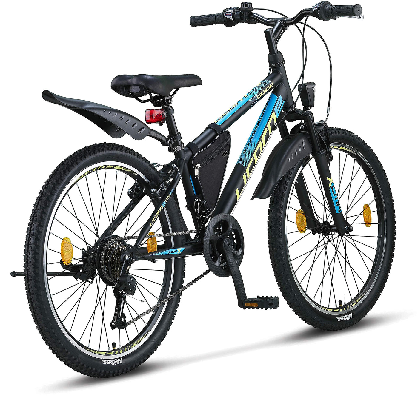 Licorne Bike Guide Premium Mountainbike in 20, 24, 26, 27.5 und 29 Zoll Fahrrad für Mädchen Jungen Herren und Damen (24 Zoll, Schwarz/Blau/Lime)