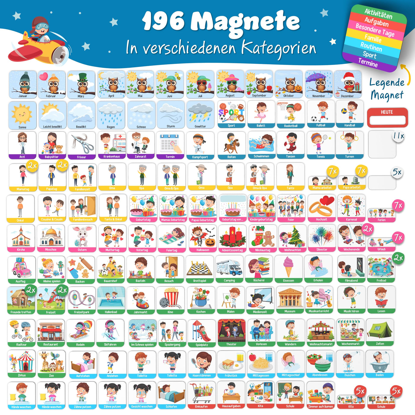 YOURGANIZE® 2-in-1 Wochenplaner Kinder & Tagesplaner Kinder inkl. 196 Magnete + 160 Sticker zum Personalisieren - Routine Planer Kinder