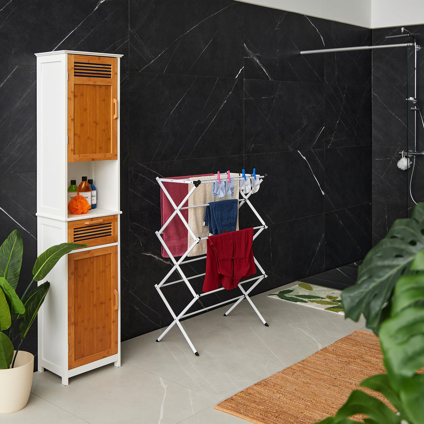 Relaxdays Wäscheständer klappbar, 11 Stangen, 6 Ebenen, HBT: 105x73x37 cm, Wäscheturm, Metall Wäschegestell, weiß