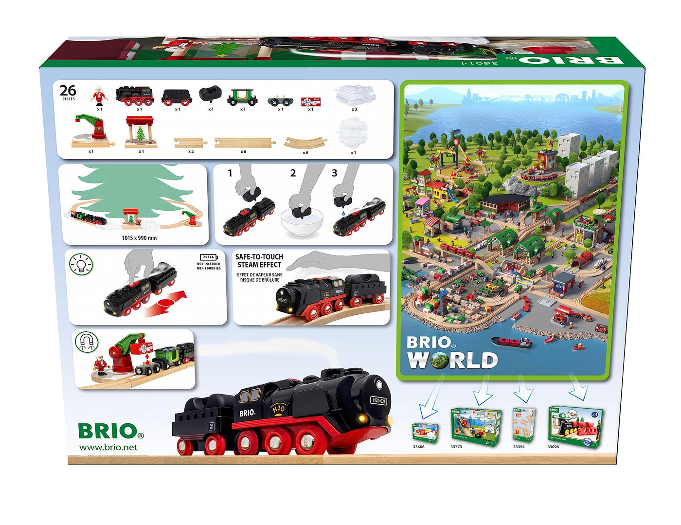 BRIO World 36014 Batterie-Dampflok Weihnachts-Set - Aus dem Schornstein der Lokomotive strömt kalter Wasserdampf - Großes Schienenlayout für eine Rundtour um den Weihnachtsbaum, empfohlen ab 3 Jahren