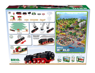 BRIO World 36014 Batterie-Dampflok Weihnachts-Set - Aus dem Schornstein der Lokomotive strömt kalter Wasserdampf - Großes Schienenlayout für eine Rundtour um den Weihnachtsbaum, empfohlen ab 3 Jahren