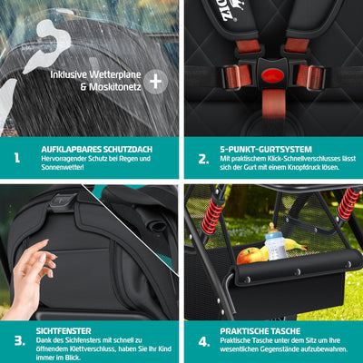 KIDIZ® Kinderwagen Kinderbuggy klappbar Liegebuggy Sportwagen Faltbar 360° Räder 5-Punkt Gurt Inkl. Fußsack, Getränkehalter, Regenabdeckung & Moskitonetz verstellbare Rückenlehne & Sonnenverdeck