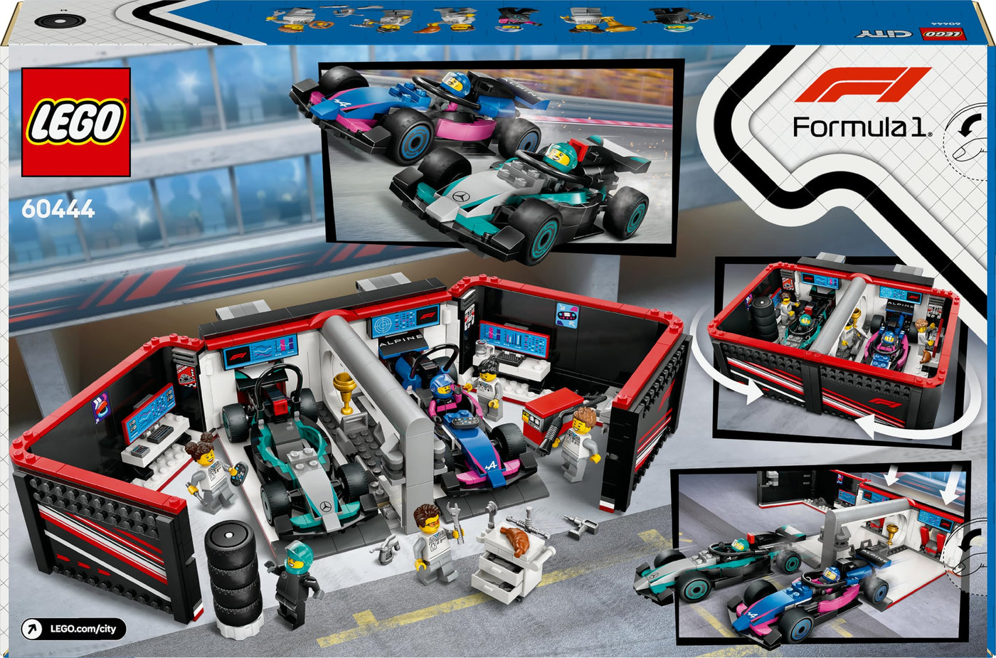 LEGO City F1 Garage mit Mercedes-AMG & Alpine Rennautos - Spielzeug Formel 1 Rennwagen mit 2 Rennfahrern & 4 Mechaniker Minifiguren - Geschenk für Jungen & Mädchen ab 7 Jahren und Fans 60444