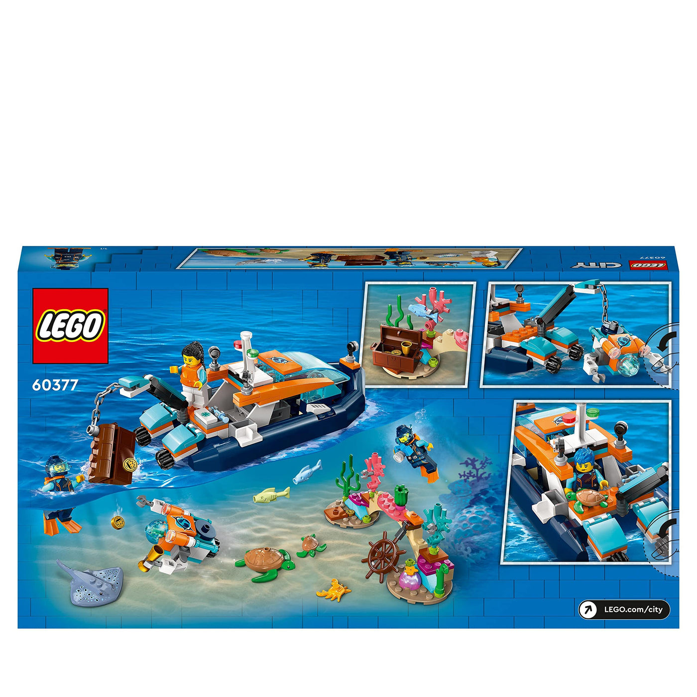 LEGO 60377 City Meeresforscher-Boot Spielzeug, Set enthält EIN Korallenriff, EIN U-Boot, 3 Minifiguren und Mantarochen, Haie, Krabben und 2 Schildkröten, Meerestiere Figuren für Kinder ab 5 Jahren