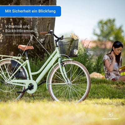 Bergsteiger Amsterdam 26 Zoll, 28 Zoll Damenfahrrad, ab 150 cm, Korb, Fahrrad-Licht, Damen-Citybike mit Rücktrittbremse, Hollandrad im Retro-Design