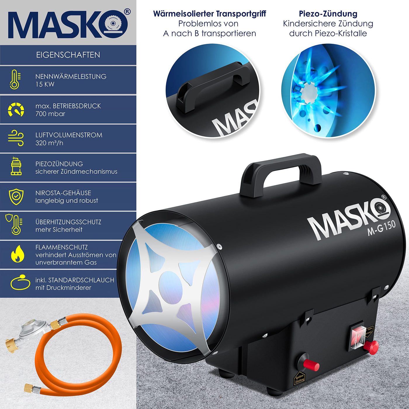 Masko® Gasheizgebläse Gasheizer Heizkanone Gasheizstrahler 15 KW Bauheizer Gas Heizgerät heizstrahler Heißluftgenerator inkl. Gasschlauch & Druckminderer Heizgebläse für handelsübliche Gasflaschen