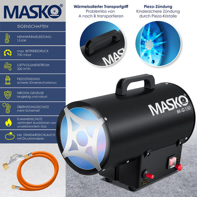 Masko® Gasheizgebläse Gasheizer Heizkanone Gasheizstrahler 15 KW Bauheizer Gas Heizgerät heizstrahler Heißluftgenerator inkl. Gasschlauch & Druckminderer Heizgebläse für handelsübliche Gasflaschen