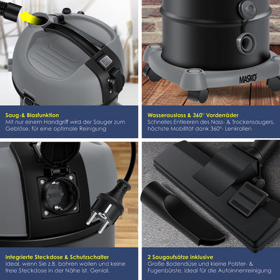 MASKO® Industriestaubsauger Staubsauger Nass Trocken Sauger Edelstahl 2300W + Steckdose | Blasfunktion | Trocken-Saugen & Nass-Saugen | Push&Clean | Industrie-Sauger mit & ohne Beutel | beutellos
