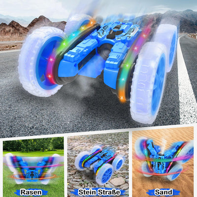 MidiVix Ferngesteuertes Auto, 360°rotierende 4WD RC Autos mit Seitenlichtern und Scheinwerfern, 2.4Ghz Doppelseitig RC Stunt Car mit Spray, RC Drift Spielzeugauto und Geschenke für Kinder (Blau)