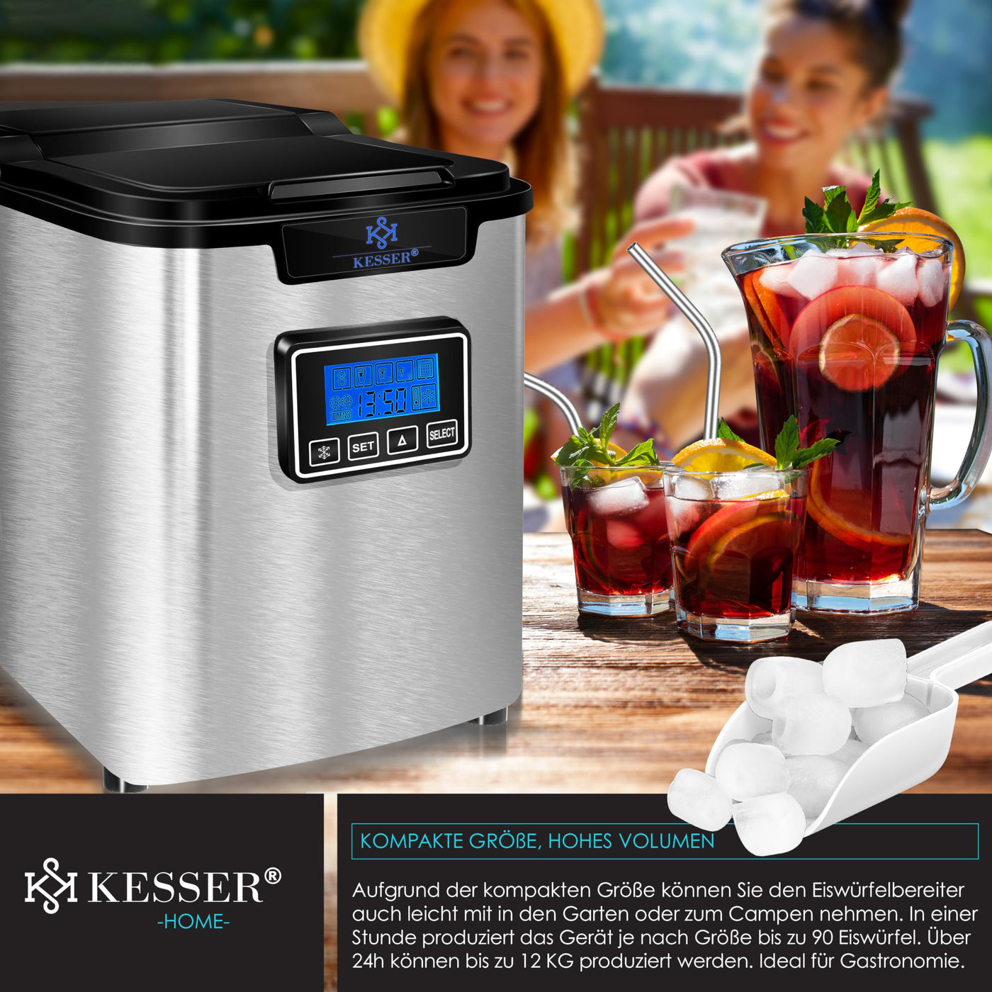 KESSER® Eiswürfelbereiter | Eiswürfelmaschine Edelstahl | 150W Ice Maker | 12 kg 24 h | 3 Würfelgrößen | Zubereitung in 7 min | 2,2 Liter Wassertank | Timer | LCD-Display | Silber
