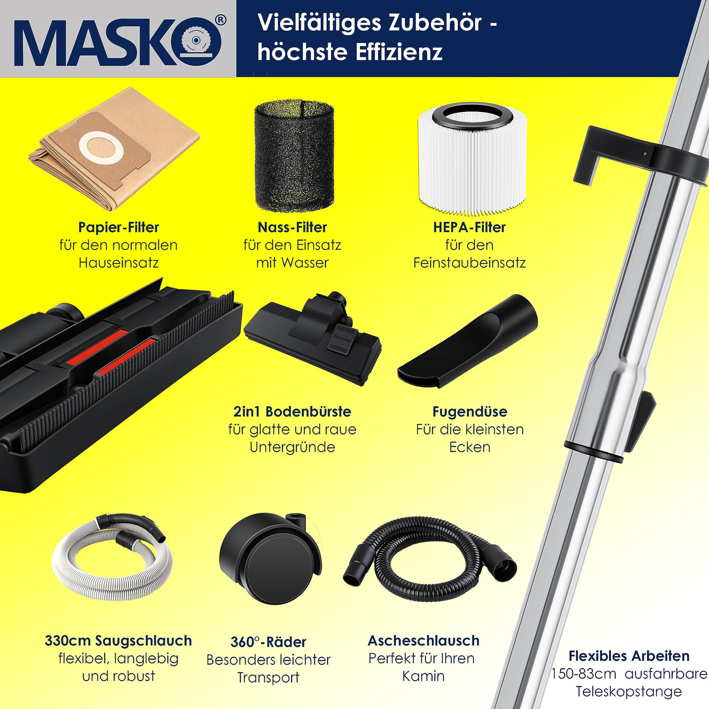 MASKO® 6IN1 Industriestaubsauger Staubsauger Nass Trocken Sauge Aschesauger 2300W + Steckdose✓ Blasfunktion ✓ Trocken-Saugen & Nass-Saugen | Industrie-Sauger mit & ohne Beutel | beutellos, Gelb