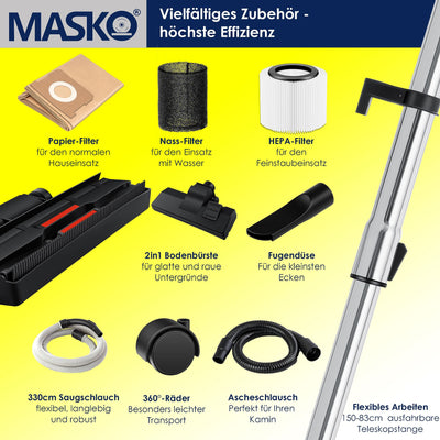 MASKO® 6IN1 Industriestaubsauger Staubsauger Nass Trocken Sauge Aschesauger 2300W + Steckdose✓ Blasfunktion ✓ Trocken-Saugen & Nass-Saugen | Industrie-Sauger mit & ohne Beutel | beutellos, Gelb