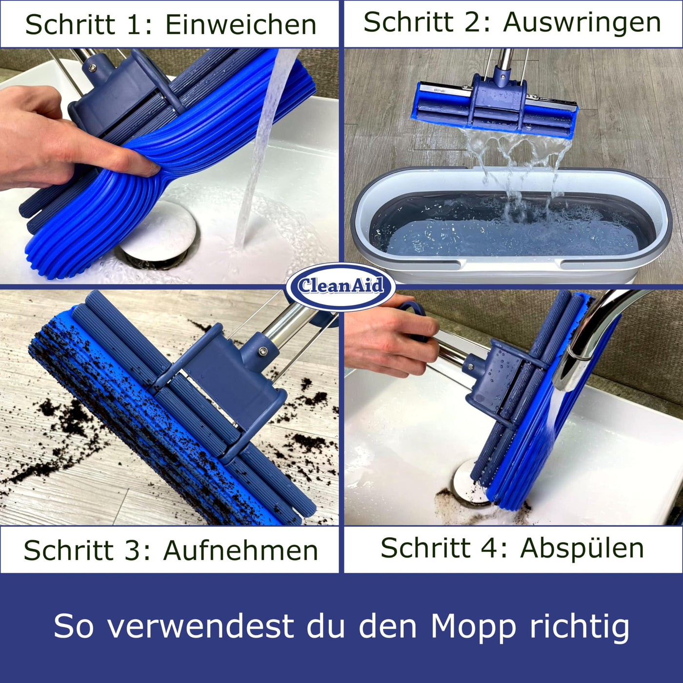 CleanAid OneTouch GO! Wischmopp, Bodenwischer, Wringmopp, Wischer mit Auswringfunktion - besonders saugstark - mit PVA Schwamm und Segmentstiel aus Edelstahl