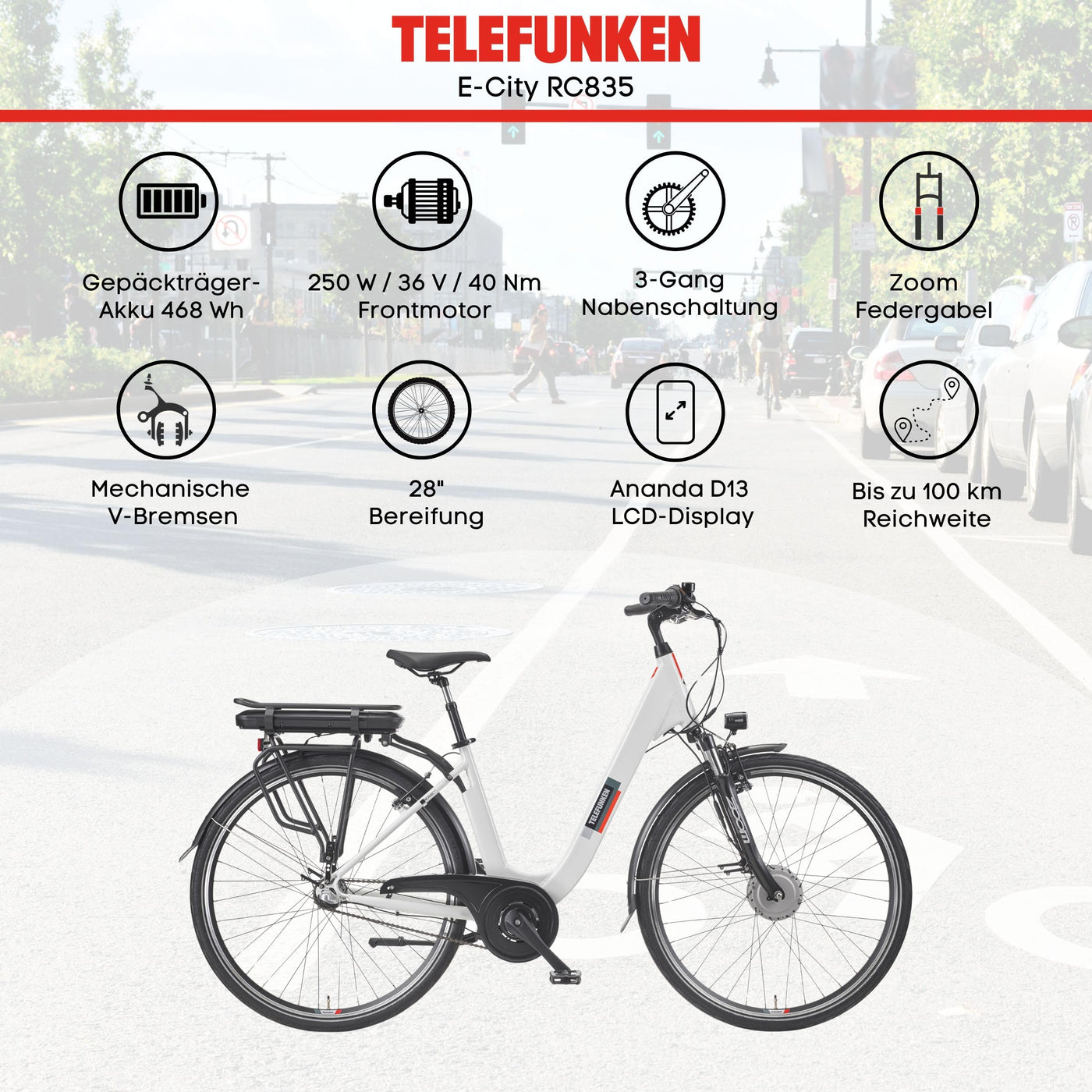 TELEFUNKEN E-Bike Damen 28 Zoll, Elektrofahrrad Frontmotor, 3-Gang Nabenschaltung, V-Bremsen - Pedelec Citybike