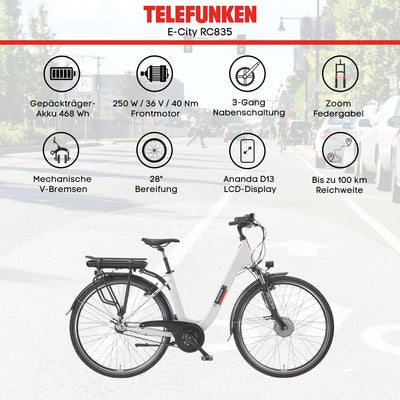 TELEFUNKEN E-Bike Damen 28 Zoll, Elektrofahrrad Frontmotor, 3-Gang Nabenschaltung, V-Bremsen - Pedelec Citybike