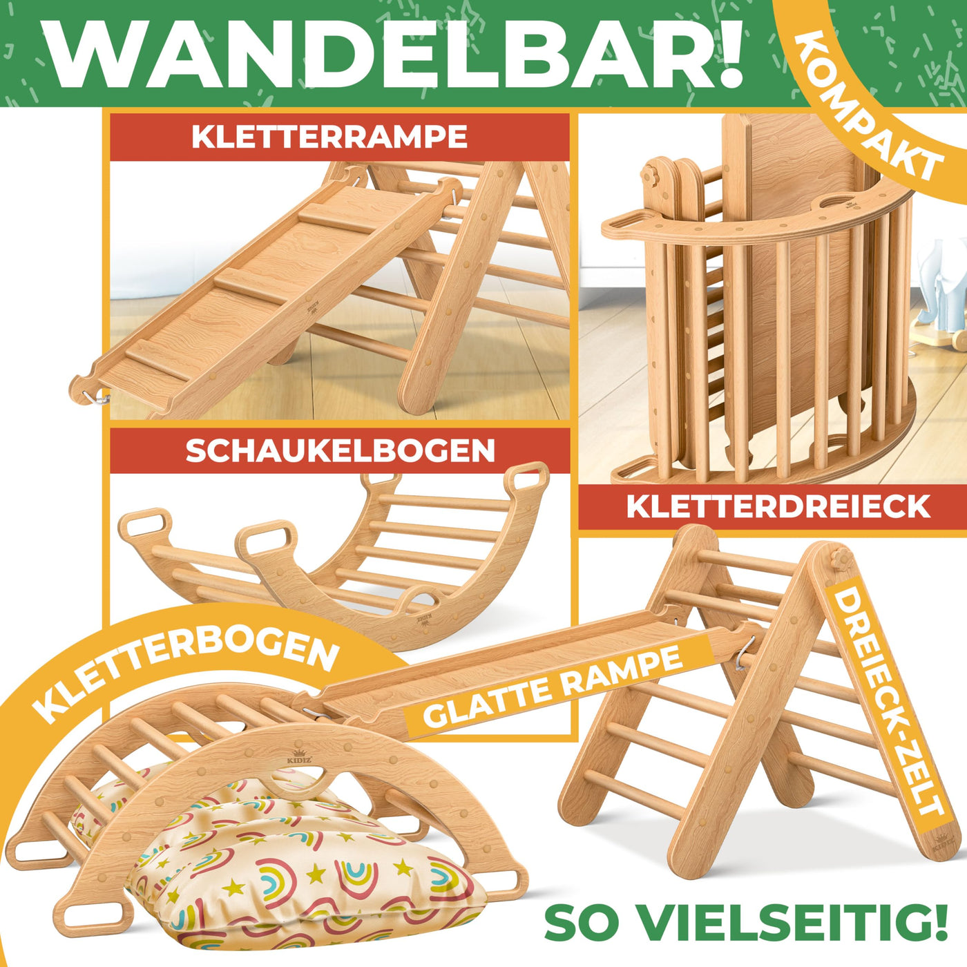 Kidiz® Klettergerüst Montessori 7in1 Spiel-Set mit Kletterbogen Rutsche Kletterdreieck aus Holz inklusive Kissen, Tafel & Lern-Uhr | Indoor Spielplatz für Kleinkinder ab 1 Jahr & Kinder bis 3 Jahre